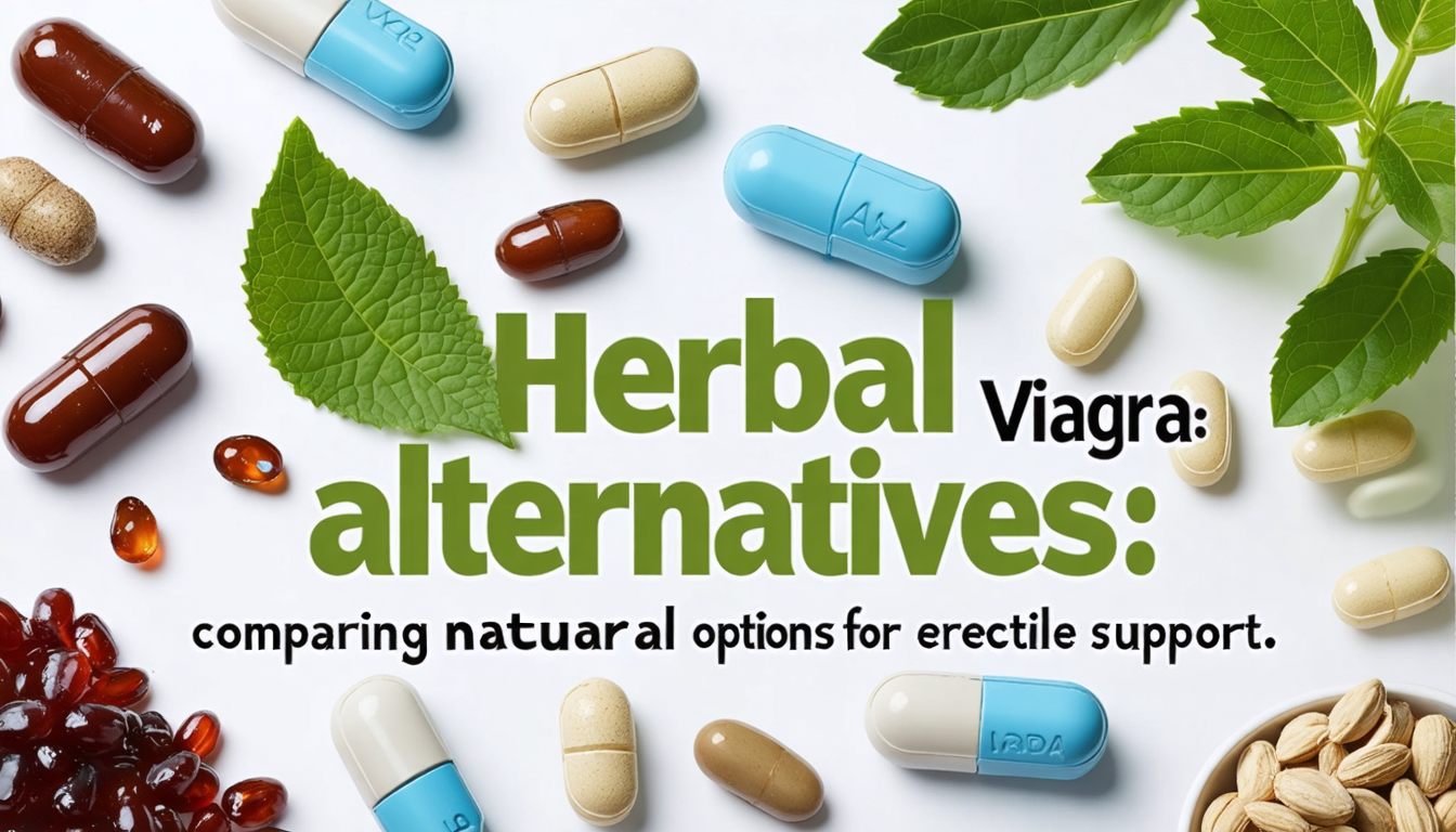 Bottles of herbal supplements, ginseng roots, maca powder, and capsules displayed on a wooden table to illustrate natural alternatives for erectile dysfunction