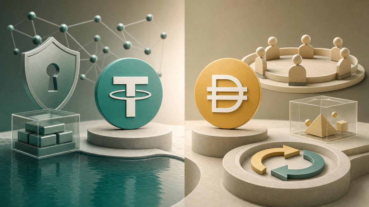 Srovnání stablecoinů USDT a DAI se symbolem amerického dolaru, blockchainovými sítěmi a kontrolním seznamem bezpečné směny